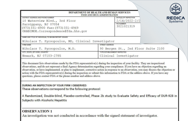 FDA 483 - Nikolaos T. Pyrsopoulos, M.D. [Newark / United States of America] - Download PDF - Redica Systems