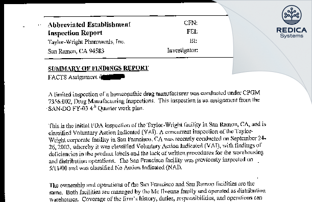 EIR - Taylor-Wright Pharmacal [San Ramon / United States of America] - Download PDF - Redica Systems