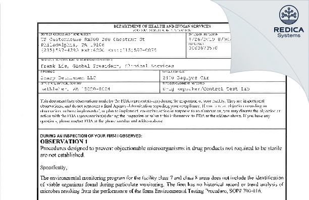 FDA 483 - Sharp Clinical Services, LLC [Bethlehem / United States of America] - Download PDF - Redica Systems