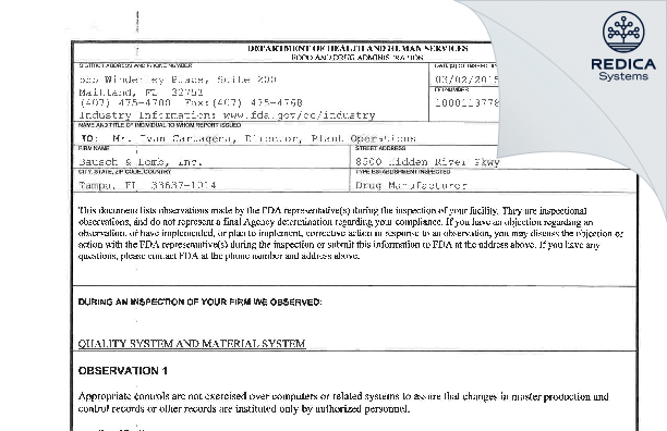 FDA 483 - Bausch & Lomb Incorporated [Tampa / United States of America] - Download PDF - Redica Systems