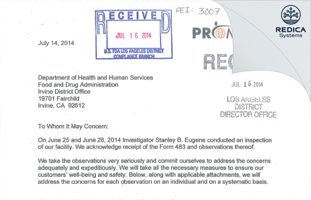 FDA 483 Response - Promedtek, Inc. [Scottsdale / United States of America] - Download PDF - Redica Systems