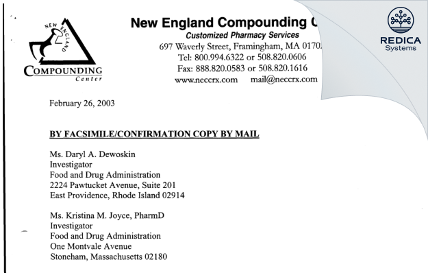 FDA 483 Response - New England Compounding Pharmacy, Inc. [Framingham / United States of America] - Download PDF - Redica Systems