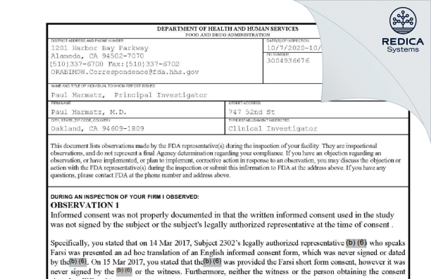 FDA 483 - Paul Harmatz, M.D. [Oakland / United States of America] - Download PDF - Redica Systems