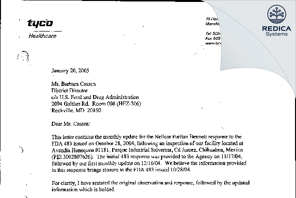 FDA 483 Response - Covidien, formerly MMJ S.A de C.V. [Juarez / Mexico] - Download PDF - Redica Systems