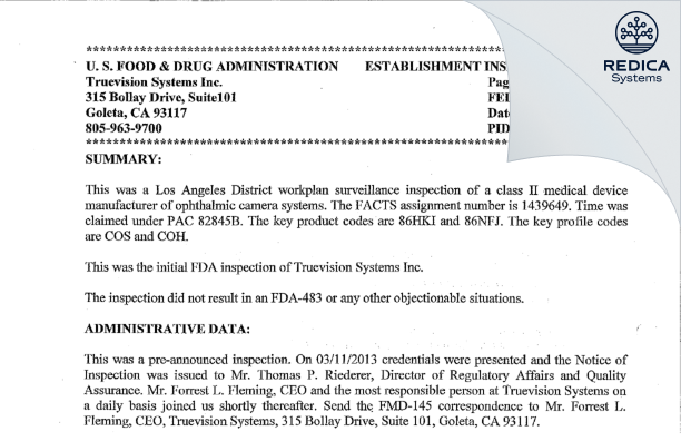 EIR - TrueVision Systems Inc [Goleta / United States of America] - Download PDF - Redica Systems