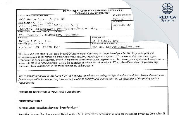 FDA 483 - Phipps & Bird, Inc. [Richmond / United States of America] - Download PDF - Redica Systems