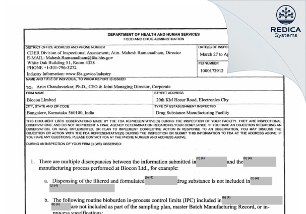FDA 483 - Biocon Limited [India / India] - Download PDF - Redica Systems