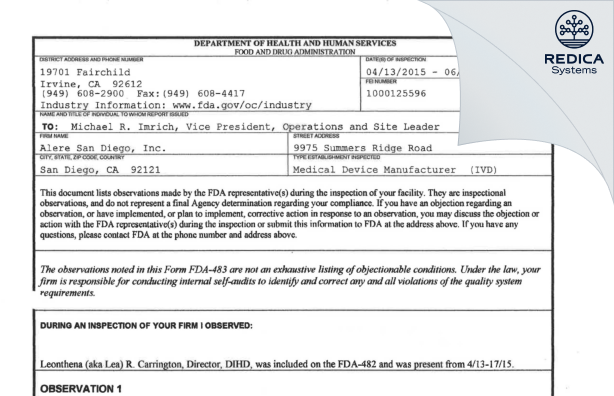 FDA 483 - Alere San Diego, Inc. [San Diego / United States of America] - Download PDF - Redica Systems