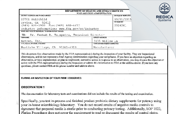 FDA 483 - Natren Inc. [Westlake Village California / United States of America] - Download PDF - Redica Systems