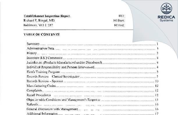 EIR - Richard E. Ringel, M.D. [Baltimore / United States of America] - Download PDF - Redica Systems