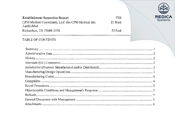EIR - CPM Medical Consultants, LLC dba CPM Medical dba AmBioMed [Richardson / United States of America] - Download PDF - Redica Systems
