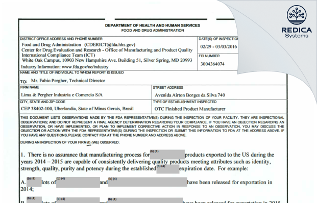 FDA 483 - Lima & Pergher Industria e Comercio S/A [Uberlandia / Brazil] - Download PDF - Redica Systems