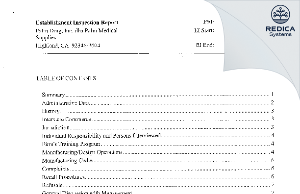 EIR - Palm Drug, Inc. dba Palm Medical Supplies [Highland / United States of America] - Download PDF - Redica Systems