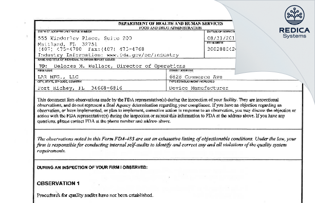 FDA 483 - LAR NE, LLC [Port Richey / United States of America] - Download PDF - Redica Systems