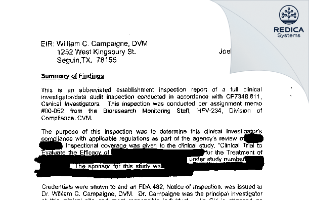 EIR - William C Campainge, DVM/Clinv [Seguin / United States of America] - Download PDF - Redica Systems