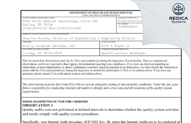 FDA 483 - Acuity Surgical Devices, LLC [Irving / United States of America] - Download PDF - Redica Systems