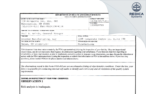 FDA 483 - Braemar Manufacturing, LLC [Eagan / United States of America] - Download PDF - Redica Systems