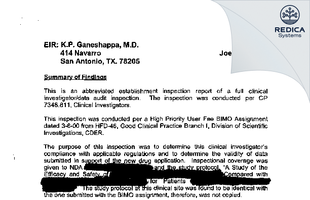 EIR - KP Ganeshappa, MD [San Antonio / United States of America] - Download PDF - Redica Systems