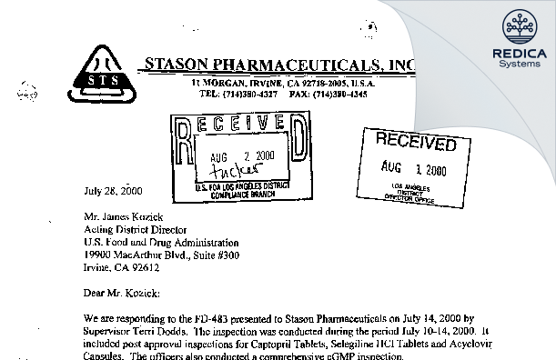 FDA 483 Response - Stason Pharmaceuticals, Inc. [Irvine / United States of America] - Download PDF - Redica Systems