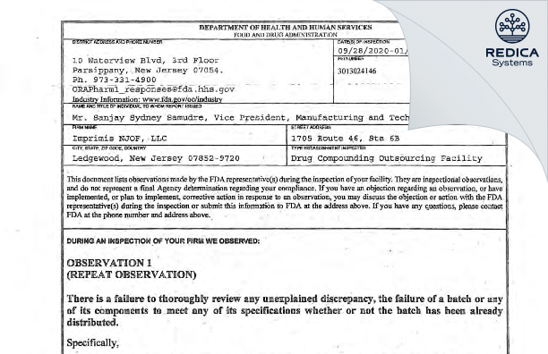 FDA 483 - Imprimis NJOF, LLC [Ledgewood / United States of America] - Download PDF - Redica Systems