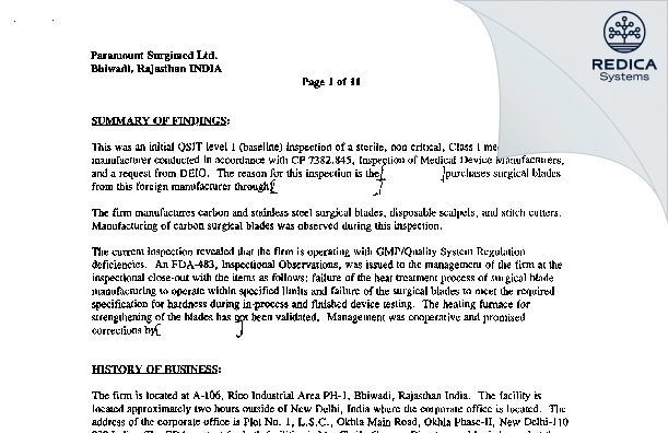 EIR - Paramount Surgimed Limited [Ph-1 / India] - Download PDF - Redica Systems
