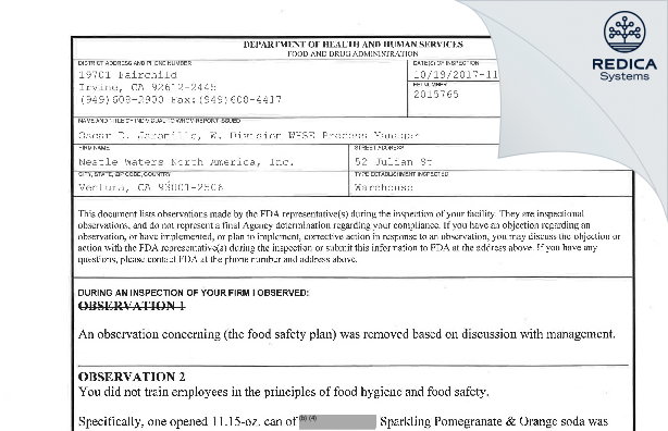 FDA 483 - Nestle Waters North America, Inc. [Ventura / United States of America] - Download PDF - Redica Systems