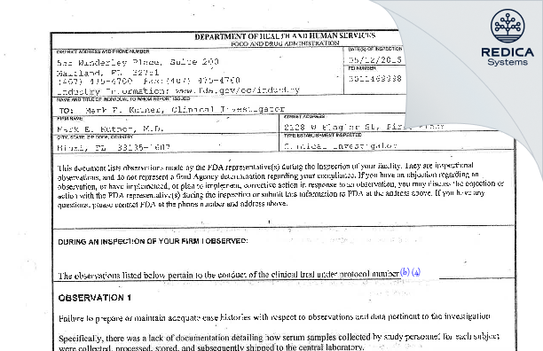 FDA 483 - Mark E. Kutner, MD [Miami / United States of America] - Download PDF - Redica Systems