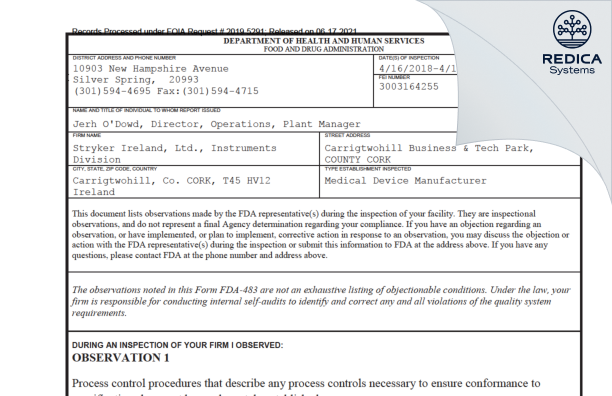 FDA 483 - Stryker Ireland, Ltd., Instruments Division [Carrigtwohill / Ireland] - Download PDF - Redica Systems