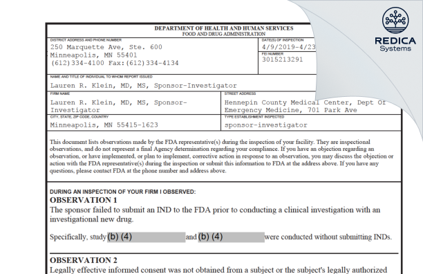 FDA 483 - Lauren R. Klein, MD, MS, Sponsor-Investigator [Minneapolis / United States of America] - Download PDF - Redica Systems