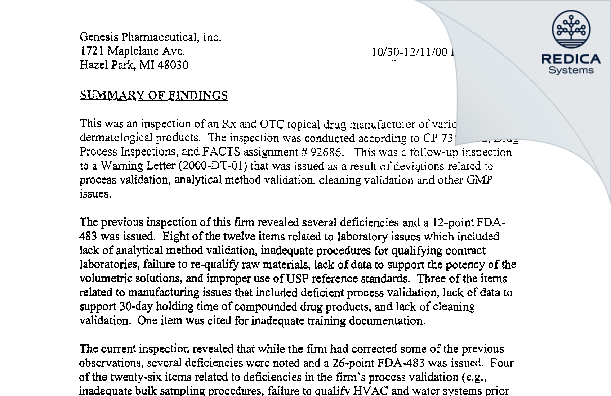 EIR - Genesis Pharmaceutical, Inc. [Henderson / United States of America] - Download PDF - Redica Systems