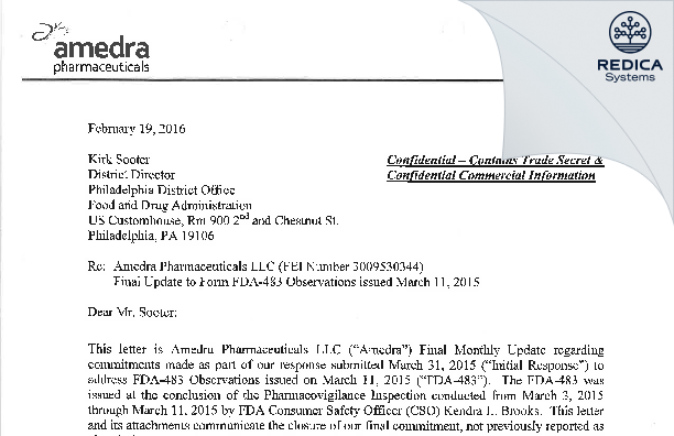 FDA 483 Response - Amedra Pharmaceuticals LLC [Horsham / United States of America] - Download PDF - Redica Systems