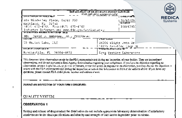 FDA 483 - TG United Labs, LLC [Brooksville / United States of America] - Download PDF - Redica Systems