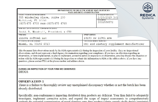FDA 483 - Innova SoftGel LLC [Miami / United States of America] - Download PDF - Redica Systems