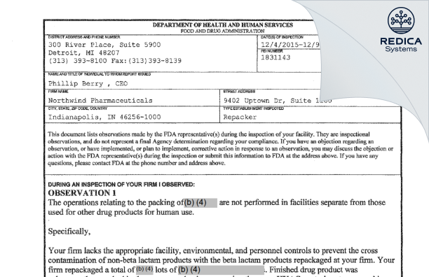 FDA 483 - Northwind Pharmaceuticals, LLC [Indianapolis / United States of America] - Download PDF - Redica Systems