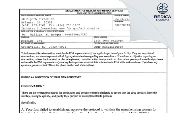 FDA 483 - Metrics, Inc. [Greenville / United States of America] - Download PDF - Redica Systems