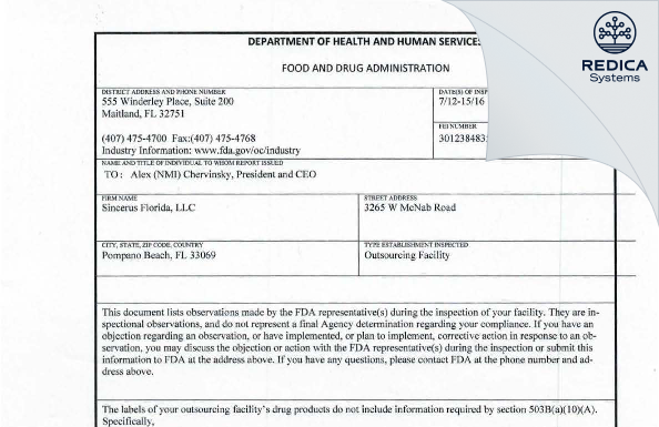 FDA 483 - Sincerus Florida, LLC [Pompano Beach / United States of America] - Download PDF - Redica Systems