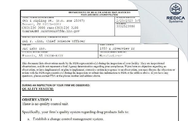 FDA 483 - RLC Labs Inc. [Phoenix / United States of America] - Download PDF - Redica Systems