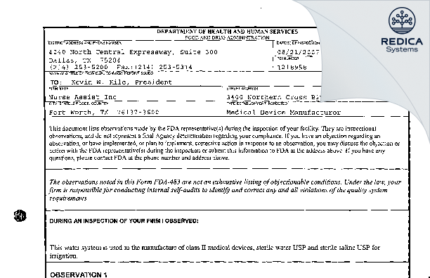 FDA 483 - Nurse Assist, Inc [Fort Worth / United States of America] - Download PDF - Redica Systems