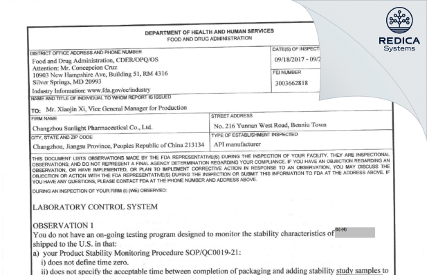 FDA 483 - Changzhou Sunlight Pharmaceutical Co. Ltd. [China / China] - Download PDF - Redica Systems