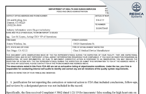 FDA 483 - Sotera Wireless, Inc. [San Diego / United States of America] - Download PDF - Redica Systems