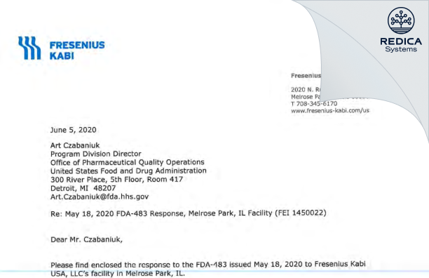 FDA 483 Response - Fresenius Kabi USA, LLC [Melrose Park Illinois / United States of America] - Download PDF - Redica Systems