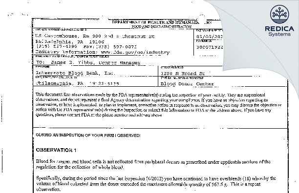 FDA 483 - Interstate Blood Bank, Inc. [Philadelphia / United States of America] - Download PDF - Redica Systems