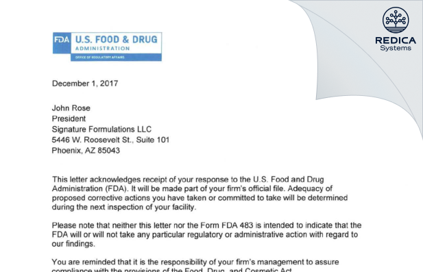 FDA 483 Response - Signature Formulations LLC [Arizona / United States of America] - Download PDF - Redica Systems