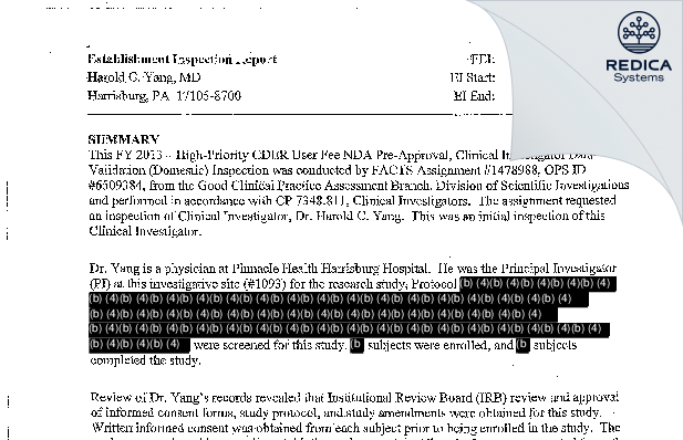 EIR - Harold C. Yang, MD [Harrisburg / United States of America] - Download PDF - Redica Systems