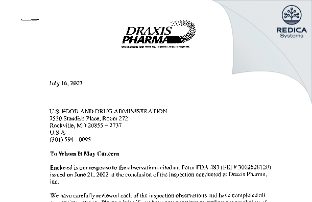 FDA 483 Response - Jubilant HollisterStier General Partnership. [Kirkland / Canada] - Download PDF - Redica Systems