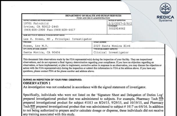 FDA 483 - Rosen, Lee M.D. [Santa Monica / United States of America] - Download PDF - Redica Systems