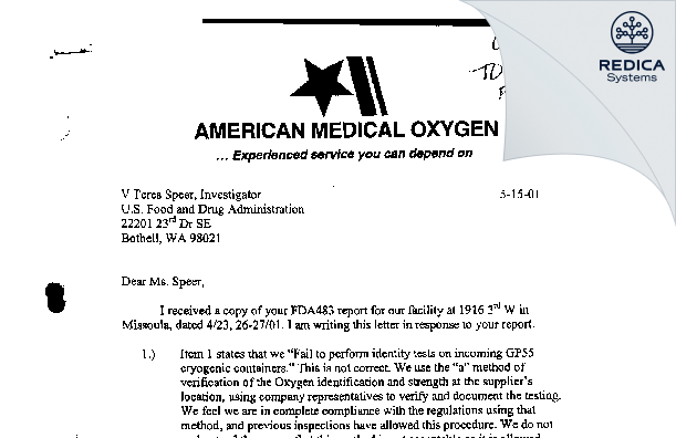 FDA 483 Response - American Medical Oxygen [Missoula / United States of America] - Download PDF - Redica Systems