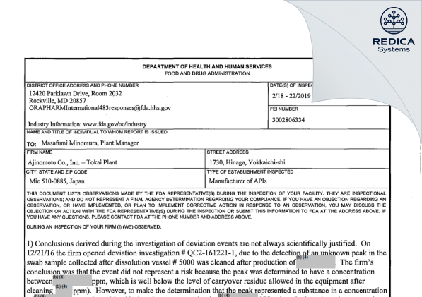 FDA 483 - Ajinomoto Co., Inc. [Hinaga / Japan] - Download PDF - Redica Systems