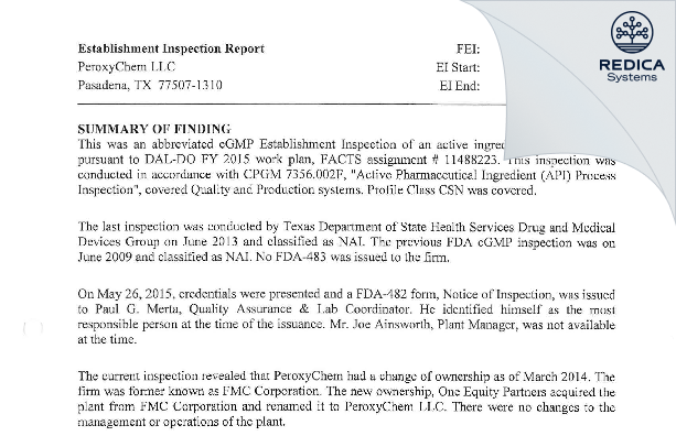 EIR - Evonik Active Oxygens, LLC [Pasadena / United States of America] - Download PDF - Redica Systems
