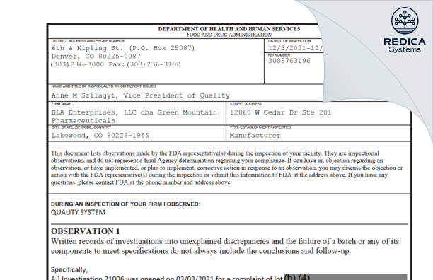FDA 483 - BLA Enterprises, LLC [Lakewood / United States of America] - Download PDF - Redica Systems